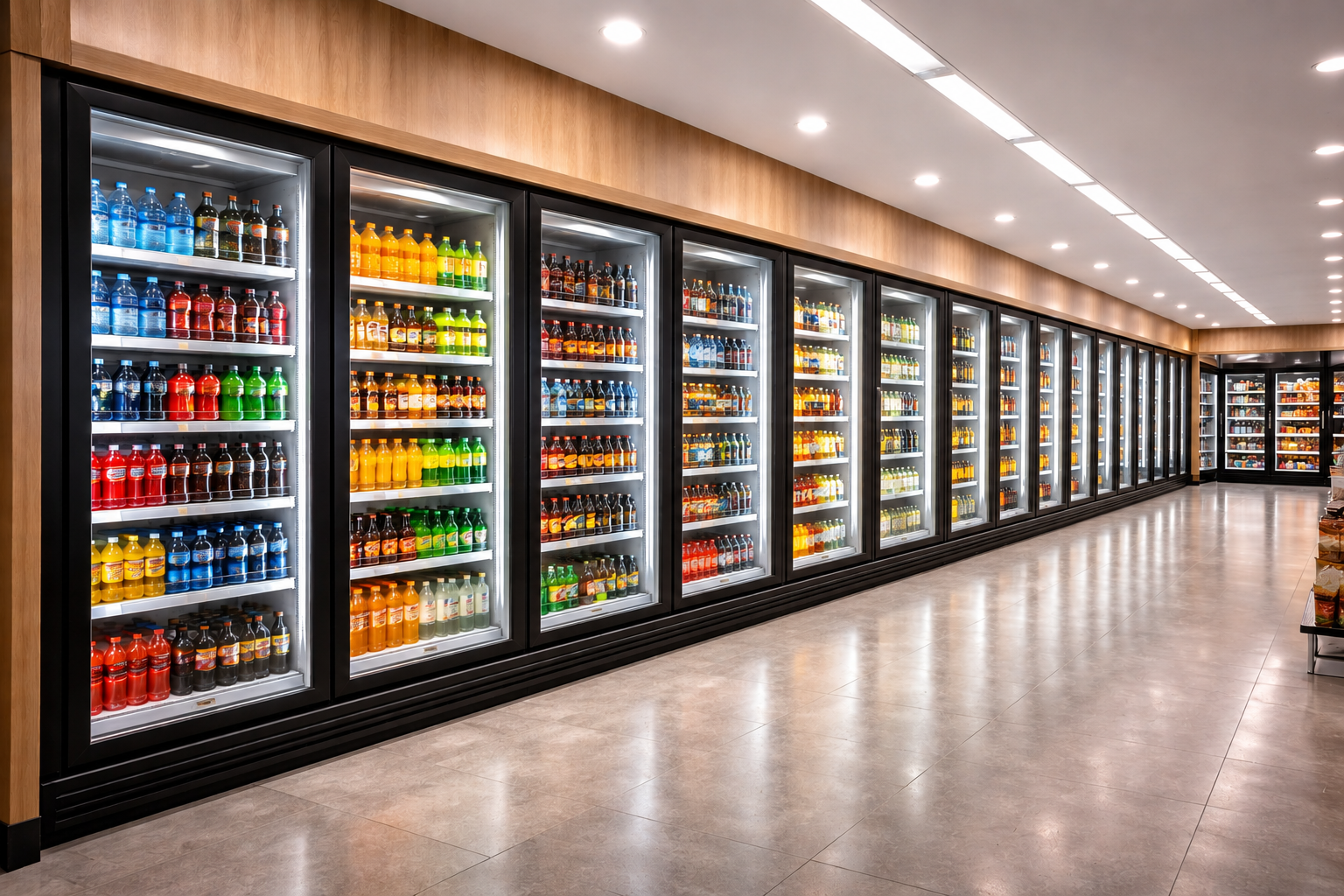 Close-up of glass refrigeration door system